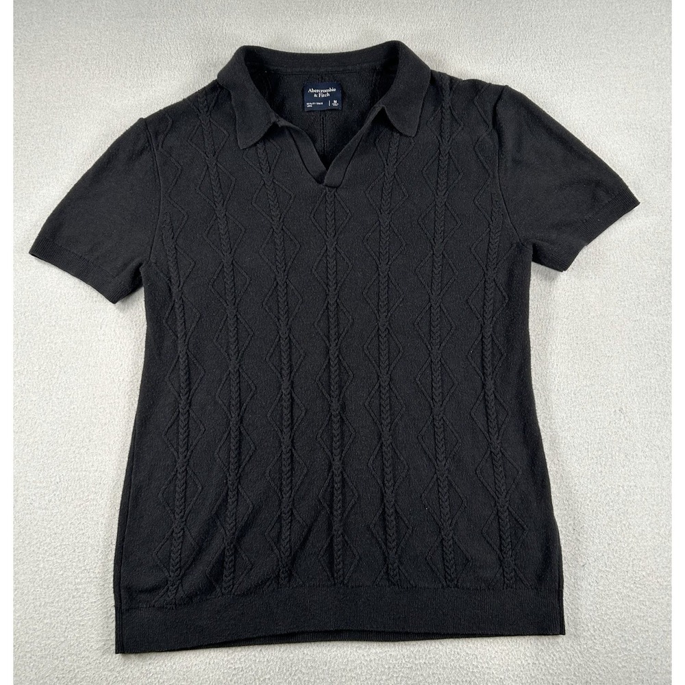 Abercrombie & Fitch Men's Black Solid Knit Polo Shirt Short Sleeve Size MEDIUM